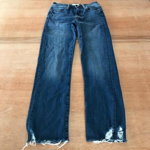 Frame Le High Straight Jeans Women 24 Blue Mid Rise Distressed Raw Hem Preppy - Picture 1 of 14